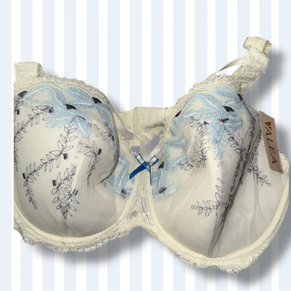 NWT 40DD / 90 E VALEA Luxury Balconete Bra Lace EMB Cream and Blue UW CAGE